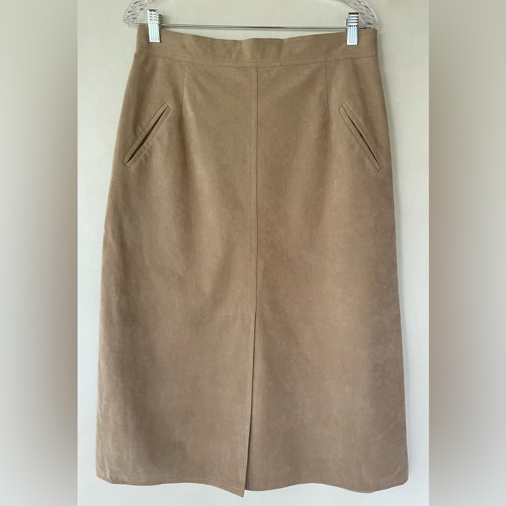 VTG ILGWU UNION MADE Tan Faux Suede A-Line Midi Skirt 32”Waist 32” Long 70s Boho